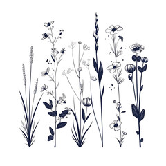.Illustration of trees, leaves, grass and various botanical elements on a white background.