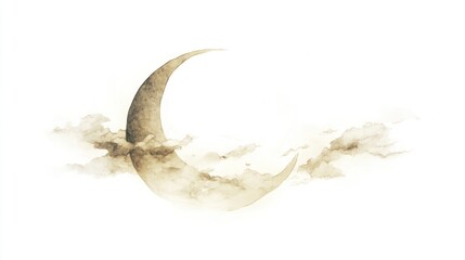 Fototapeta premium A crescent moon silhouette, accompanied by drifting clouds, evoking a calm nighttime atmosphere, on a white background.