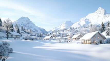 Fototapeta premium Scenic snowy mountain village under a clear blue sky, showcasing serene winter beauty and tranquility.