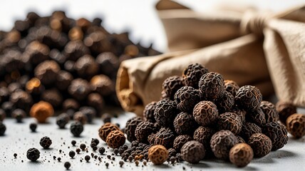Obraz premium Black pepper in bow on table. Pile of ground black pepper.