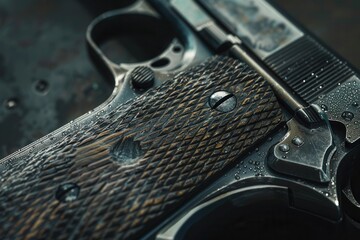 Close-up of a vintage handgun with water droplets on its textured grip.