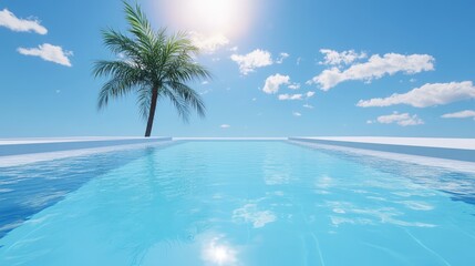 Obraz premium A crystal-clear swimming pool with a palm tree reflection, framed by a bright blue sky and a sleek, minimalist white deck.