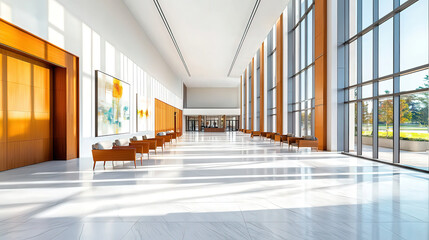 A sleek, modern courtroom interior featuring minimalist design elements, large glass walls allowing natural light to flood in, polished wooden accents