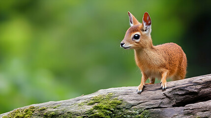 Fototapeta premium Adorable Dik-dik fawn perched on a mossy log in lush green forest; wildlife nature photography for calendars, websites, and animal publications