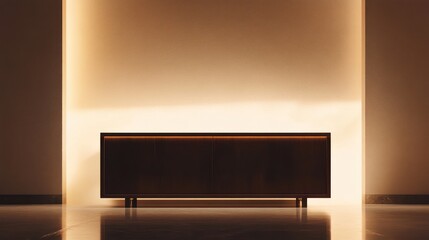 A dark wood buffet with a minimalist design, placed against a soft-lit neutral background with ample copy space.