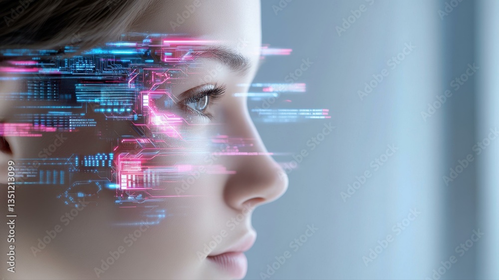 Aufkleber side profile of a woman with digital interface overlay symbolizing artificial intelligence and techn