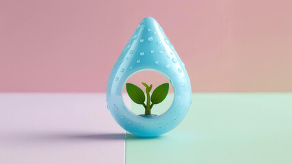 Low-carbon 3D concept. Blue droplet-shaped container with green plant inside on pastel background.