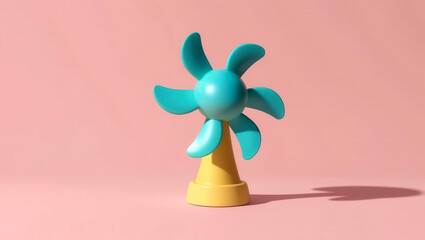 Low-carbon 3D concept. Miniature fan with teal blades on a pastel background.