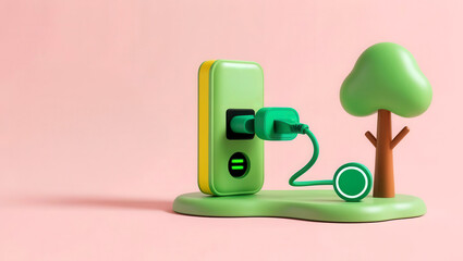 Fototapeta premium Low-carbon 3D concept. Green plug and tree illustration on a pastel background.
