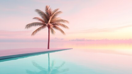 Fototapeta premium A dreamy summer vacation setting, showcasing a tropical palm tree, a smooth reflecting pool, and a pastel gradient sky.