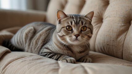 Cute scottish fold cat with beautiful eyes lying on textile sofa at home.