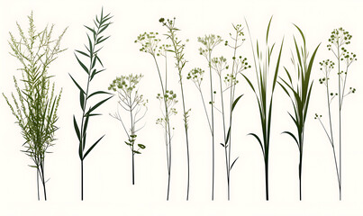 .Illustration of trees, leaves, grass and various botanical elements on a white background.