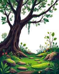 a tree in the middle of a forest with a path leading up to it