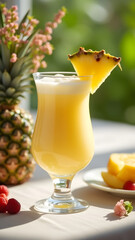 Fototapeta premium Non-alcoholic piña colada, served in a tall glass. A linen tablecloth, wildflowers, and fresh fruit create a tropical and elegant summer beverage setting. The image should be sharp, vibrant, and detai