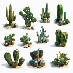 Desert cacti collection; diverse species, isolated on white; 3D render for game assets