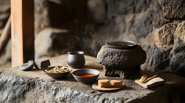 Ancient stone hearth, herbal tea ceremony, rustic setting, peaceful background, ideal for wellness or travel blogs