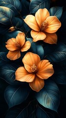 Three Vibrant Orange Flowers with Green Leaves Against a Dark Background