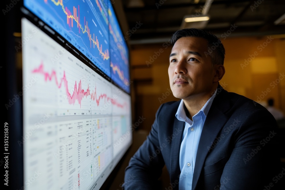 Poster in a dimly lit office, a businessman leans forward, studying complex financial graphs and data displ