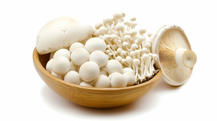 Assorted white mushrooms in wooden bowl, studio shot, food photography, healthy eating
