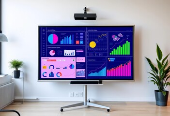 Stylish office, interactive whiteboard displays charts and graphs, data, future