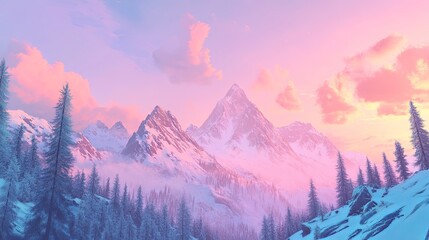 A peaceful mountain view with snow-capped peaks and a soft pastel sky at sunset. pic