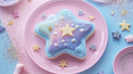 A whimsical dessert shaped like a galaxy with edible stars and glitter on a pastel plate pic