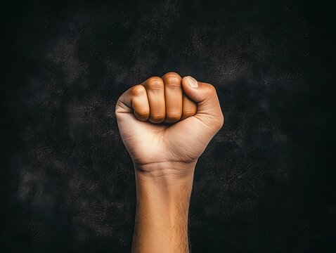 Raised fist with dark background.