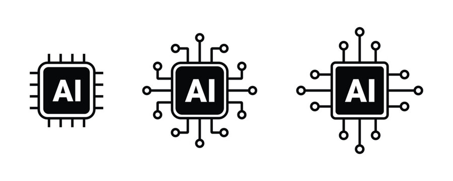 AI processor chip icon, Artificial intelligence Processor circuit vector set. Mini AI CPU icons for technology and computing