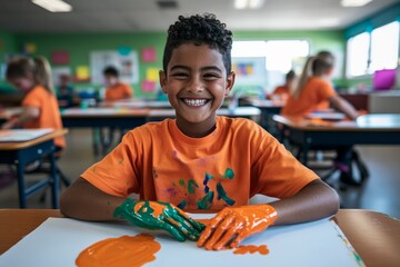 A young boy with curly hair smiles brightly as he explores painting with vibrant colors on paper, showcasing his creativity in a lively classroom setting