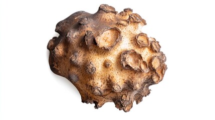 A fresh sunchoke with rough tan skin, isolated on a white background