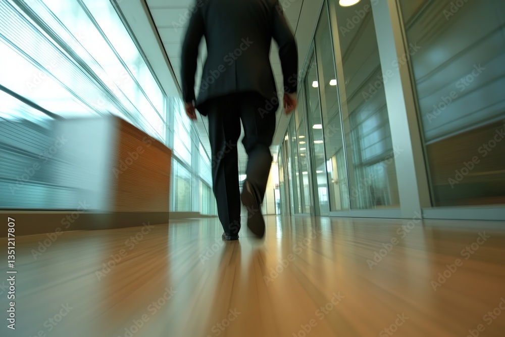 Poster a professional walks swiftly through a sleek office corridor, with natural light pouring in and mute