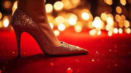 A pair of high-heeled shoes on a red carpet with elegant lighting pic