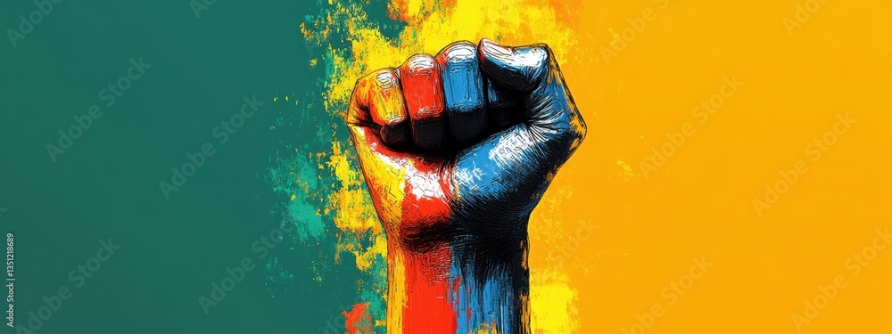 Poster a powerful fist raised high: a symbol of unity and strength in colorful abstract art