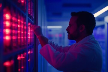 A scientist in a lab coat is focused on adjusting complex machinery controls in a modern manufacturing facility, surrounded by cool blue lighting