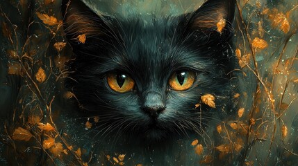 A close-up of a black cat's face surrounded by autumn leaves in a mystical forest