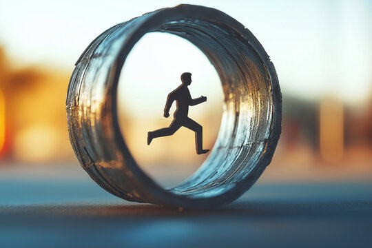 A figure running endlessly on a hamster wheel while looking exhausted, symbolizing the never-ending cycle of worry 