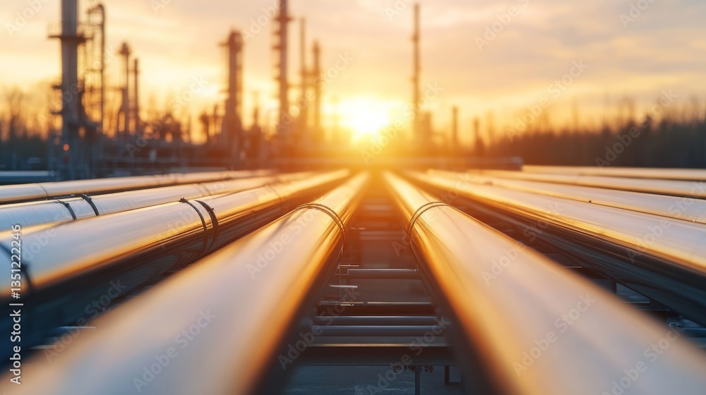 Poster metallic pipes of an industrial pipeline system reflect soft evening light, surrounded by organized 