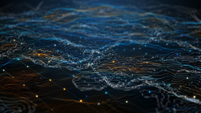 Futuristic digital geology terrain, digital data telemetry and engineer topography with contour lines. 