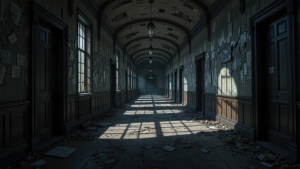 Fototapeta premium Abandoned Hallway with Faded Walls and Light Streaming Through Windows Creating Eerie Atmosphere