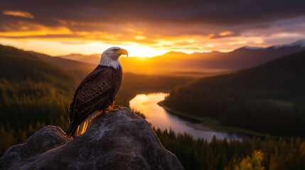 A eagle sitting on the rocks in the sunset