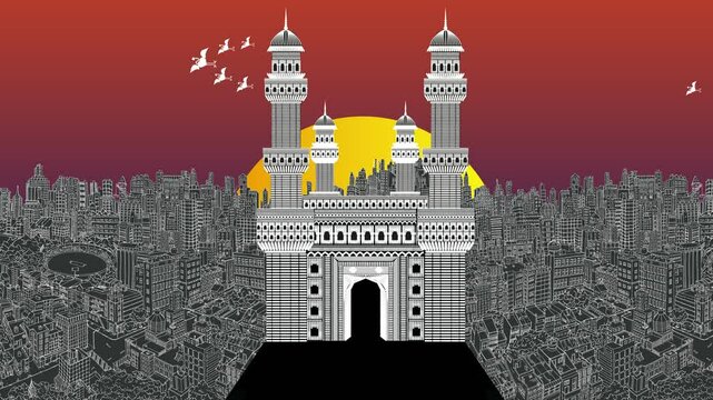 Hyderabad city , Charminar city Telangana, India heritage site, sun rising, warli art map, drawing , kachindo art, graphic art city background vector illustration, beautiful art wallpaper, web page 