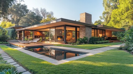 A mid-century modern house with floating smart windows and an AI-powered fireplace, merging past architecture with future tech