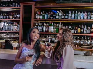 Beautiful young woman couple lgbtq with glasses of red wine in luxury night club .