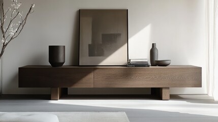 A minimalist living room featuring a sleek wooden buffet, styled with vases and books, leaving space for customization.