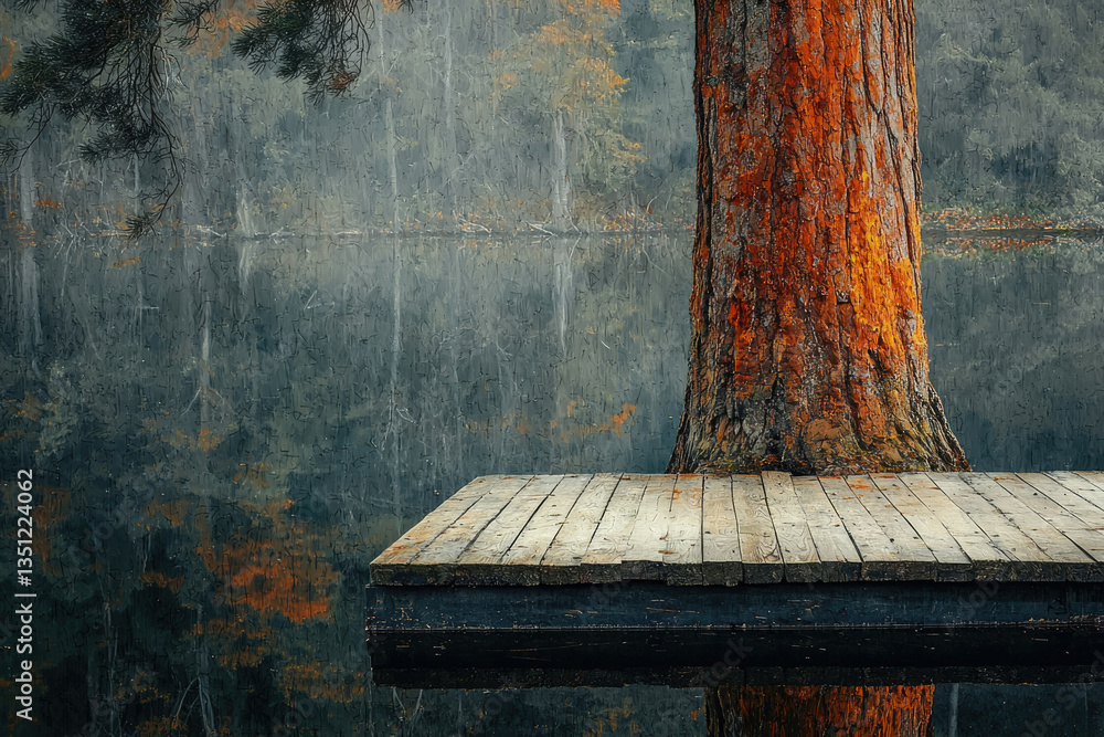 Aufkleber Wooden dock extends from a large tree trunk over a calm lake reflecting autumnal foliage.