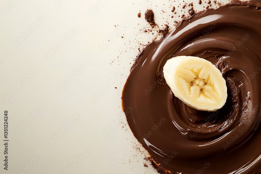 Aufkleber a banana slice lands in a swirling pool of melted chocolate, surrounded by droplets that capture the
