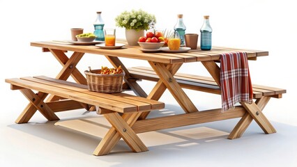 Obraz premium Summer Beach Party A rustic picnic table set with drinks, snacks, and fruit, ideal for outdoor gatherings.