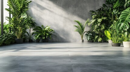 A modern eco-friendly decor concept, with a sleek grey cement floor, deep green tropical plants, and a full botanical wall.