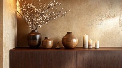 A modern wooden buffet against a neutral-toned wall, with elegant decor pieces and ample copy space for text overlay.