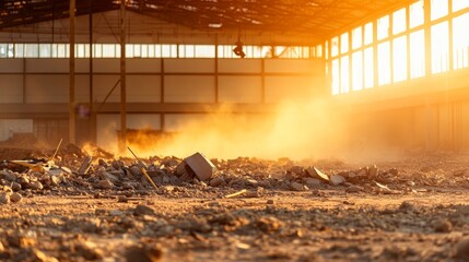 A worker swings a sledgehammer against a wall, creating a cloud of dust and debris in a construction site with visible tools and an unfinished layout in the background